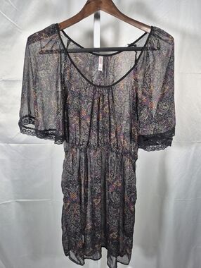 Xhilaration Sheer Paisley Boho Top With Kace Trim, Size L